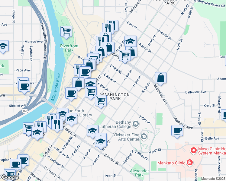 map of restaurants, bars, coffee shops, grocery stores, and more near 604 North 4th Street in Mankato