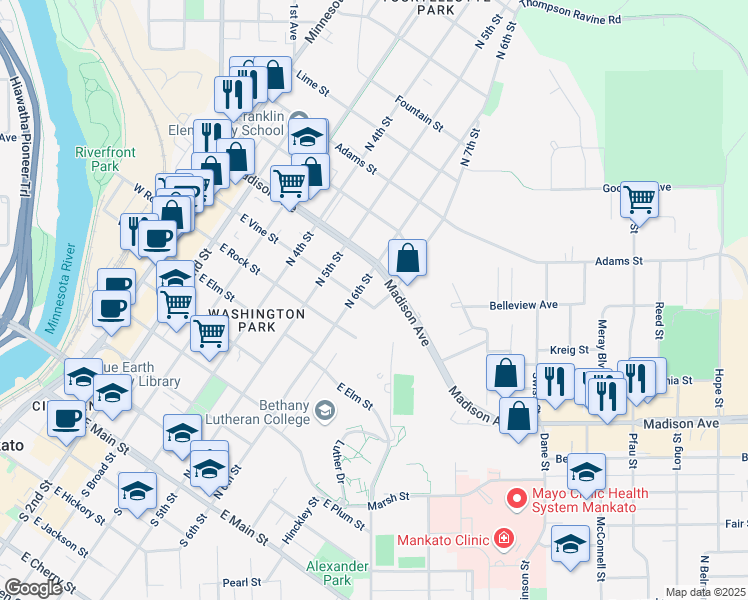 map of restaurants, bars, coffee shops, grocery stores, and more near 610 East Vine Street in Mankato