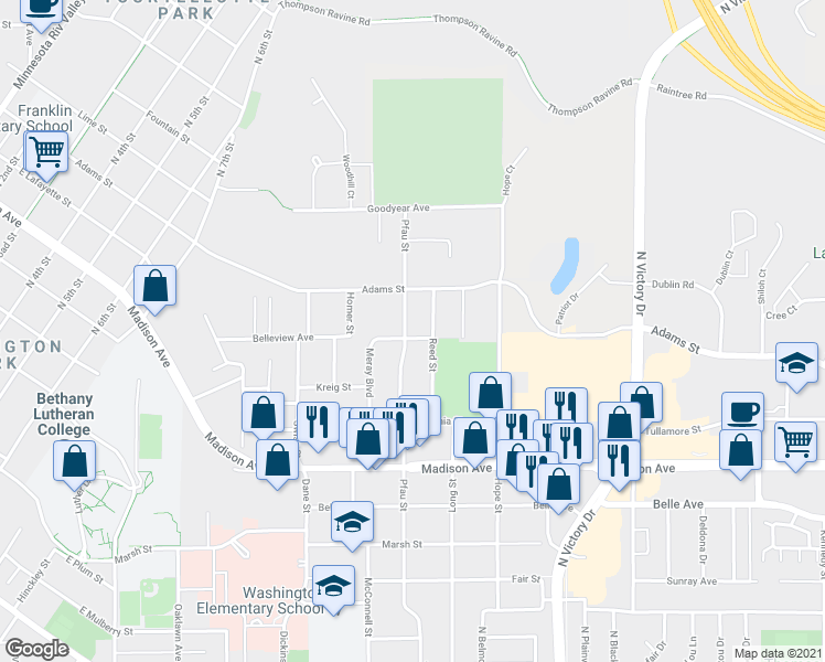 map of restaurants, bars, coffee shops, grocery stores, and more near 903 Pfau Street in Mankato