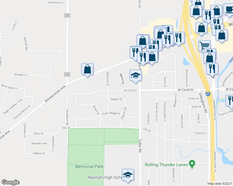 map of restaurants, bars, coffee shops, grocery stores, and more near 1130 West Cecil Street in Neenah