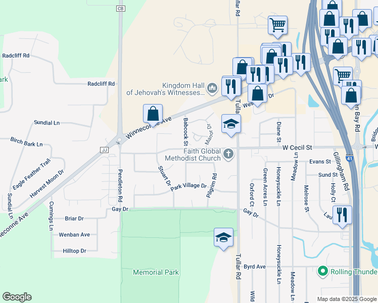 map of restaurants, bars, coffee shops, grocery stores, and more near 1009 Babcock Street in Neenah