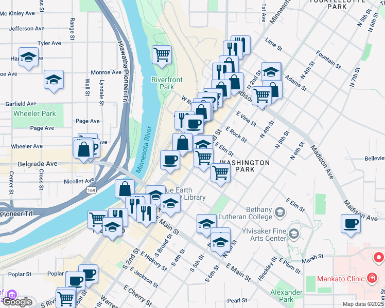 map of restaurants, bars, coffee shops, grocery stores, and more near 415 North Riverfront Drive in Mankato