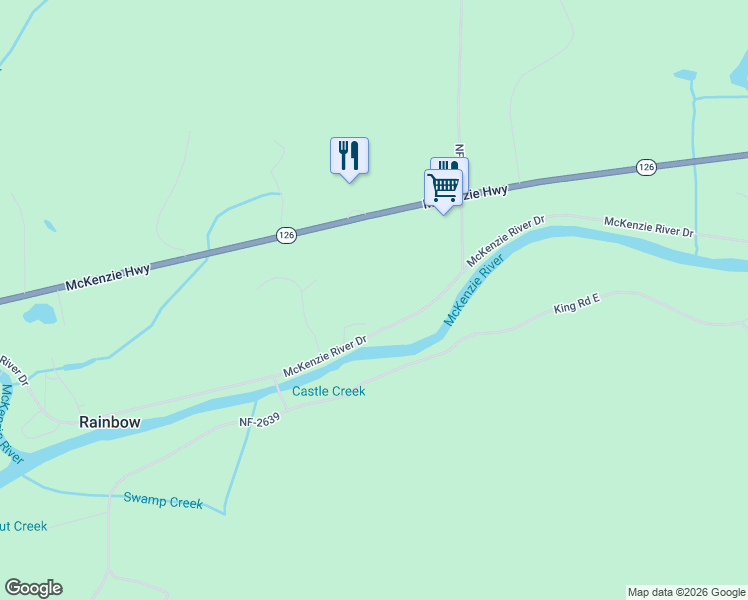 map of restaurants, bars, coffee shops, grocery stores, and more near 54785 McKenzie River Drive in Lane County