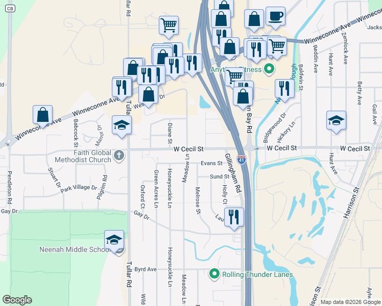 map of restaurants, bars, coffee shops, grocery stores, and more near 981 Evans Street in Neenah