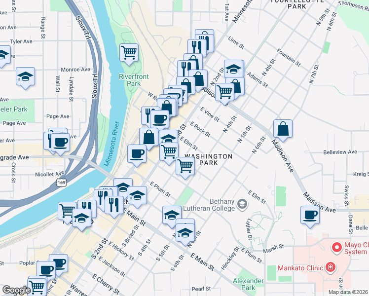 map of restaurants, bars, coffee shops, grocery stores, and more near 520 North Broad Street in Mankato