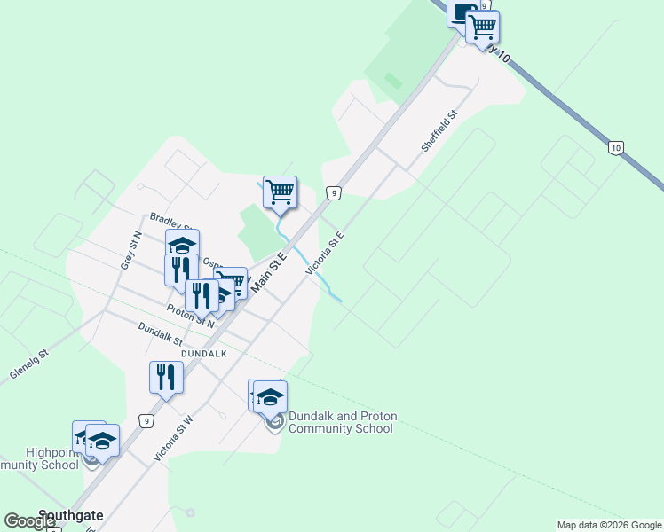 map of restaurants, bars, coffee shops, grocery stores, and more near 321 Victoria Street East in Grey County