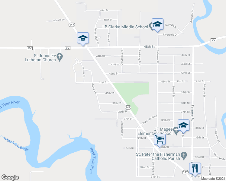 map of restaurants, bars, coffee shops, grocery stores, and more near 2904 40th Street in Two Rivers