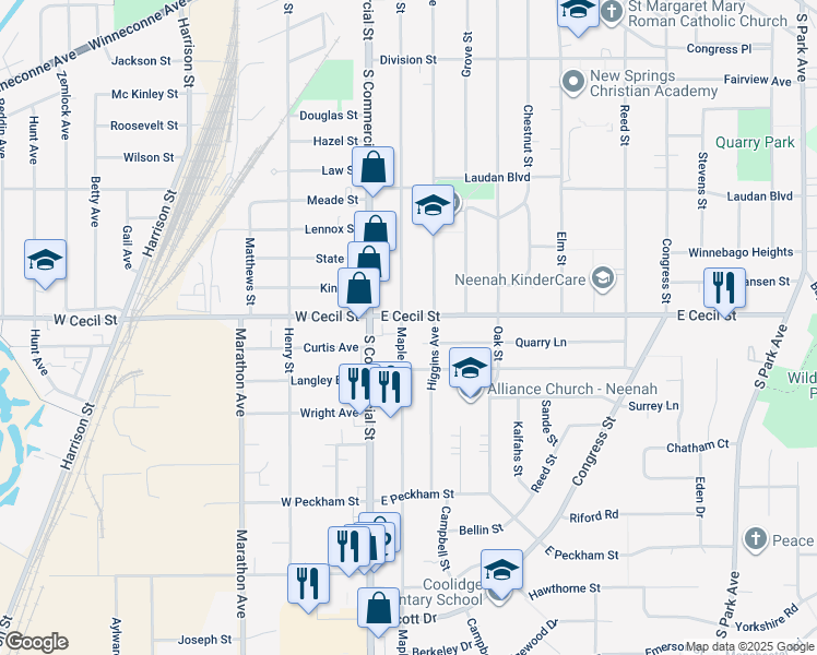 map of restaurants, bars, coffee shops, grocery stores, and more near 201 East Cecil Street in Neenah