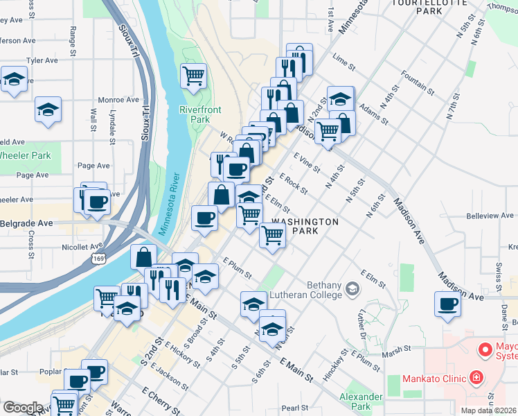 map of restaurants, bars, coffee shops, grocery stores, and more near 501 North 2nd Street in Mankato
