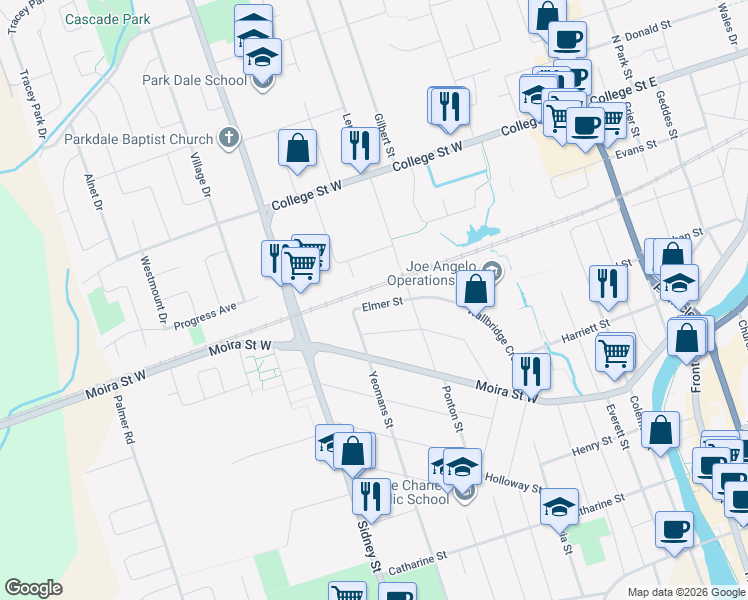 map of restaurants, bars, coffee shops, grocery stores, and more near 24 Elmer Street in Belleville