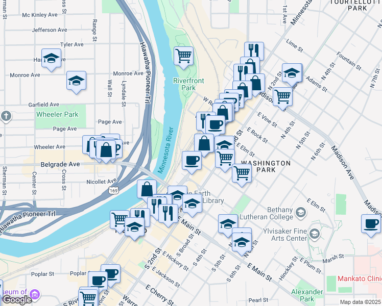 map of restaurants, bars, coffee shops, grocery stores, and more near 402 North Riverfront Drive in Mankato