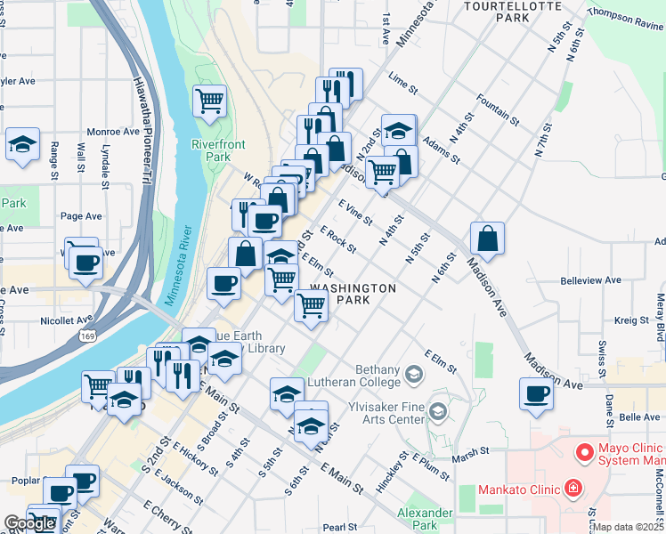 map of restaurants, bars, coffee shops, grocery stores, and more near 604 North 4th Street in Mankato