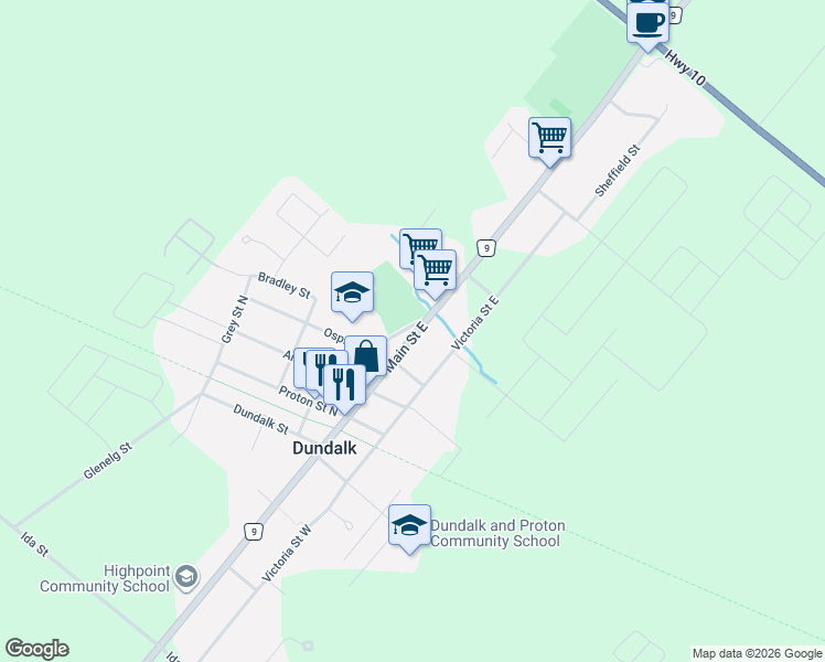 map of restaurants, bars, coffee shops, grocery stores, and more near 260 Main Street East in Dundalk