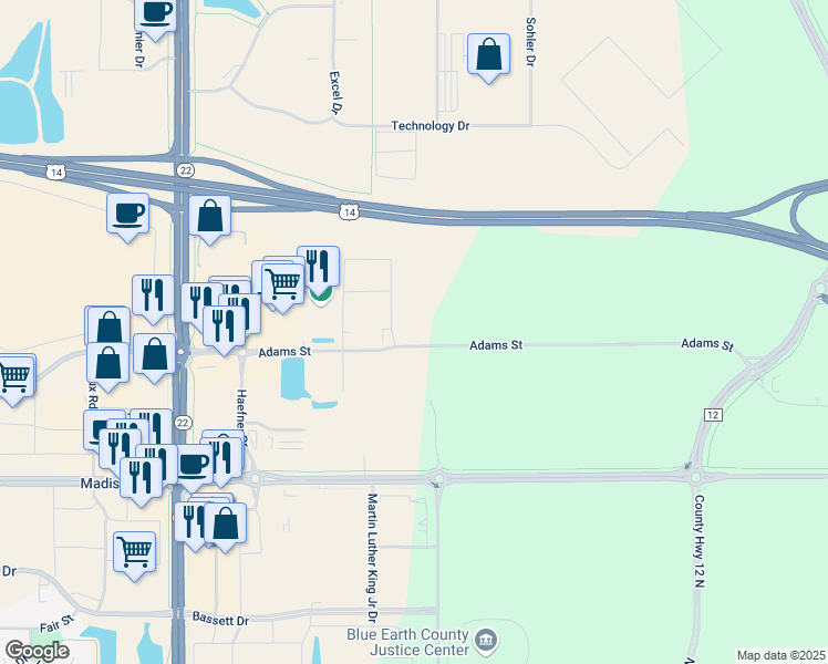 map of restaurants, bars, coffee shops, grocery stores, and more near 311 East Roosevelt Circle in Mankato