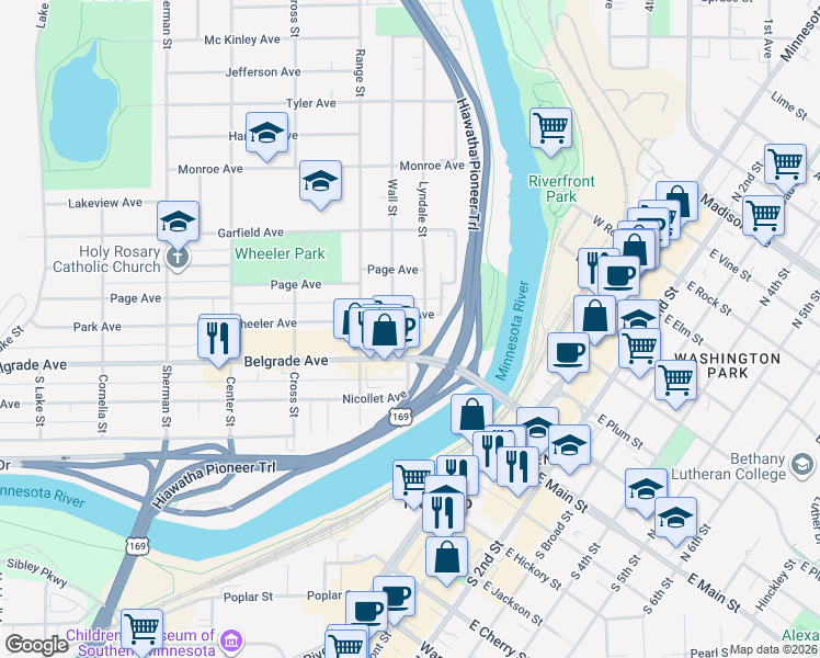 map of restaurants, bars, coffee shops, grocery stores, and more near 200 Belgrade Avenue in North Mankato