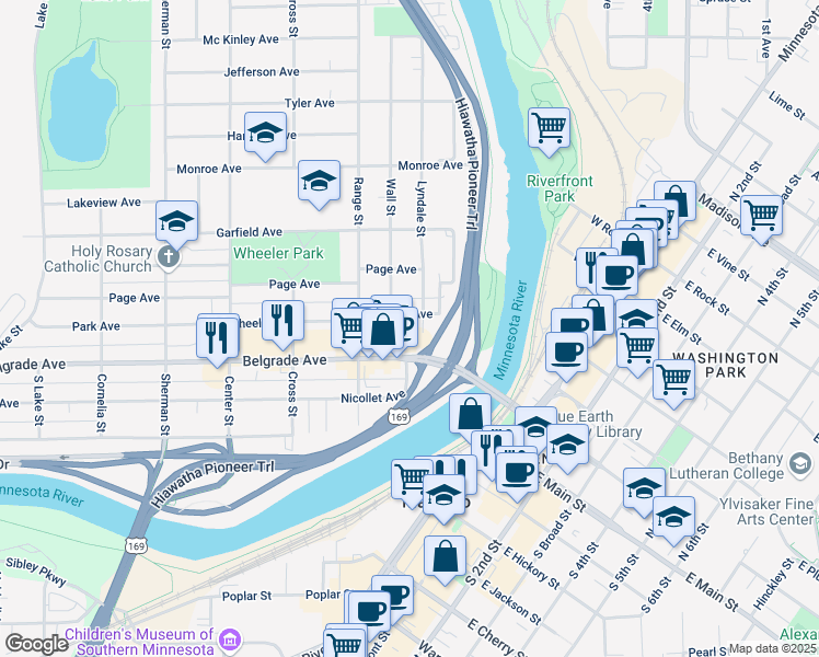 map of restaurants, bars, coffee shops, grocery stores, and more near 200 Belgrade Avenue in North Mankato