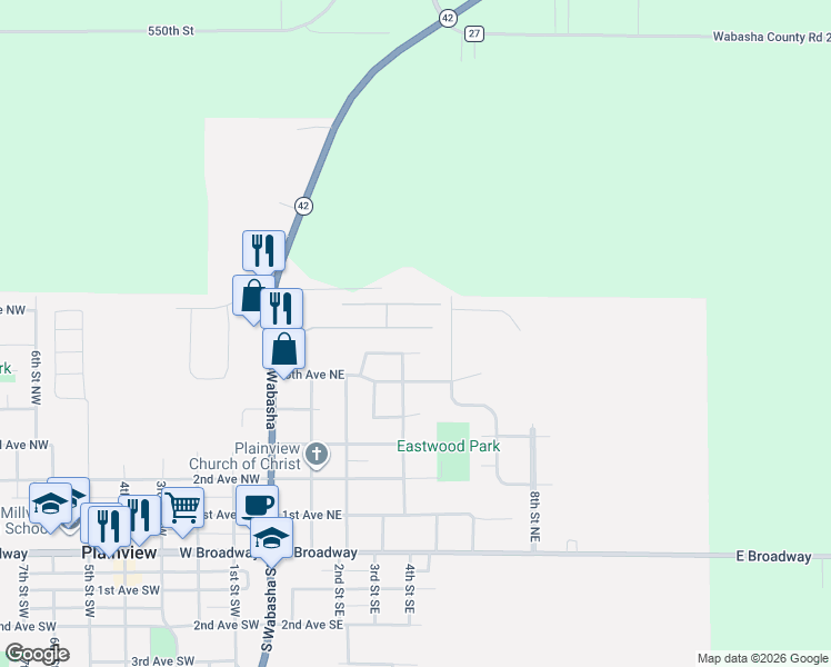 map of restaurants, bars, coffee shops, grocery stores, and more near 400 6th Avenue Northeast in Plainview