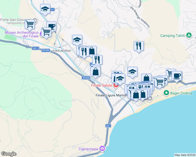 map of restaurants, bars, coffee shops, grocery stores, and more near 50r Viale Dante Alighieri in Finale Ligure