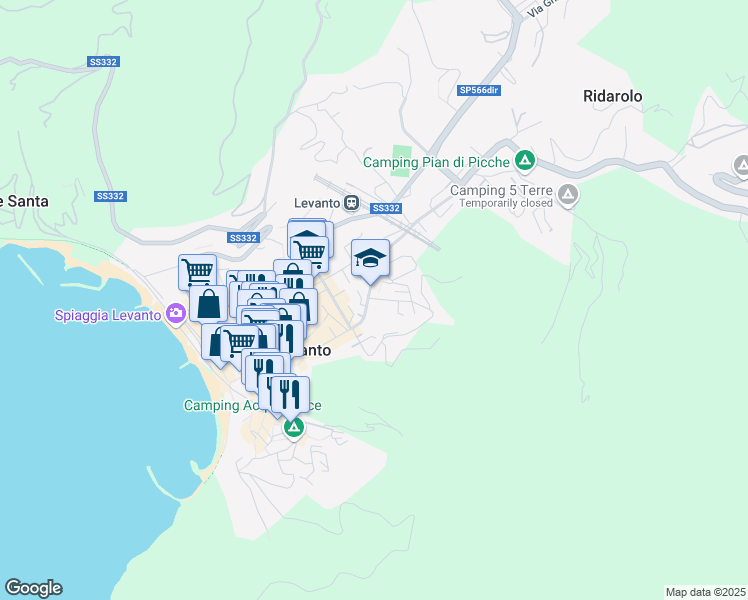 map of restaurants, bars, coffee shops, grocery stores, and more near 26 Salita S. Giacomo in Levanto