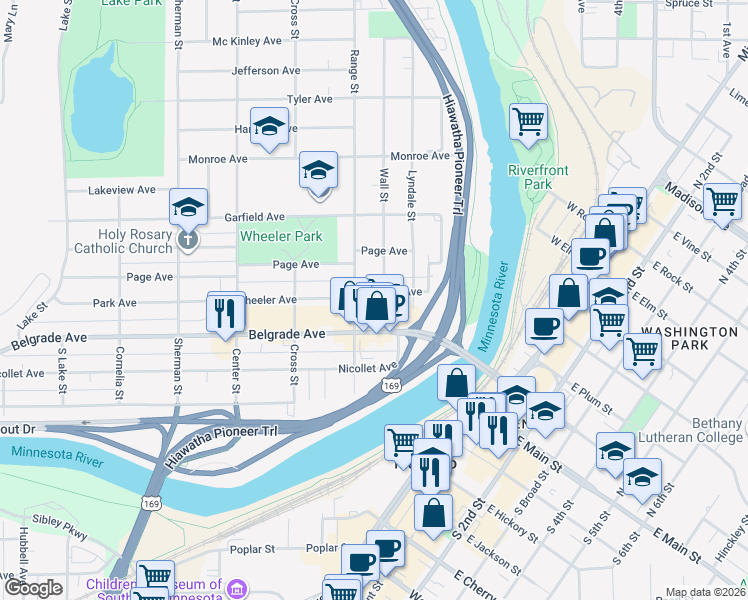 map of restaurants, bars, coffee shops, grocery stores, and more near 250 Belgrade Avenue in North Mankato