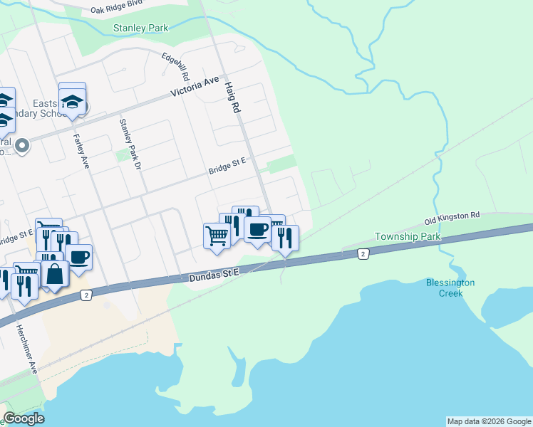map of restaurants, bars, coffee shops, grocery stores, and more near 180 Haig Road in Belleville