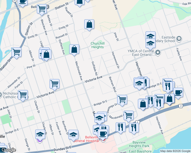 map of restaurants, bars, coffee shops, grocery stores, and more near 284 Victoria Avenue in Belleville