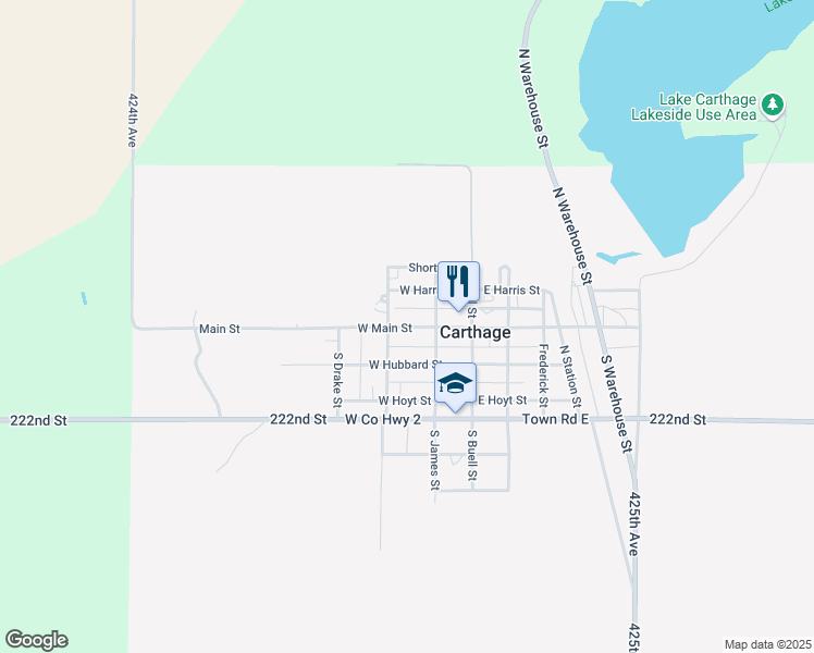 map of restaurants, bars, coffee shops, grocery stores, and more near 260 West Main Street in Carthage