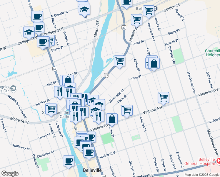 map of restaurants, bars, coffee shops, grocery stores, and more near 75 Great St James Street in Belleville