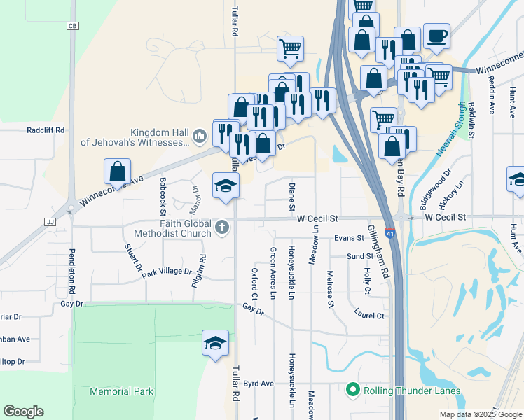 map of restaurants, bars, coffee shops, grocery stores, and more near 915 Louise Street in Neenah