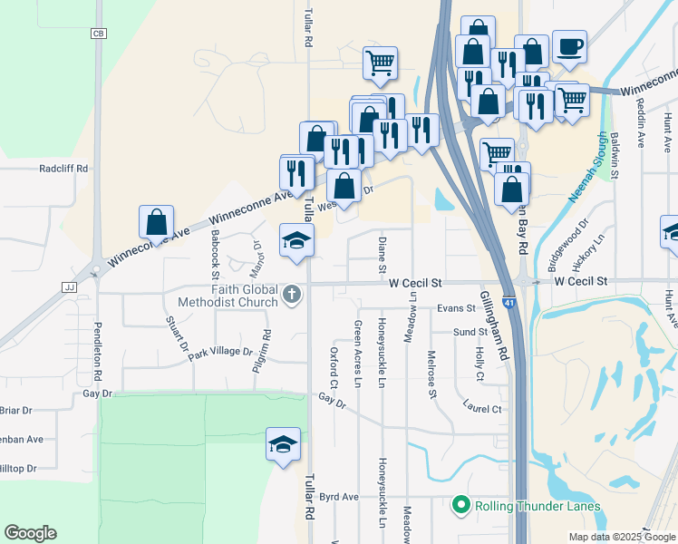 map of restaurants, bars, coffee shops, grocery stores, and more near 915 Louise Street in Neenah