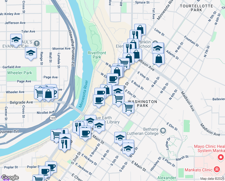 map of restaurants, bars, coffee shops, grocery stores, and more near 524 North Riverfront Drive in Mankato