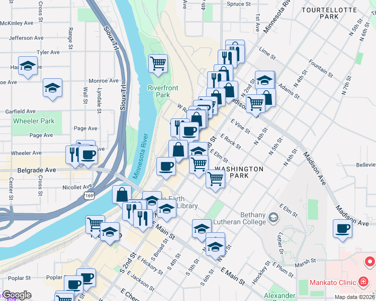 map of restaurants, bars, coffee shops, grocery stores, and more near 524 North Riverfront Drive in Mankato