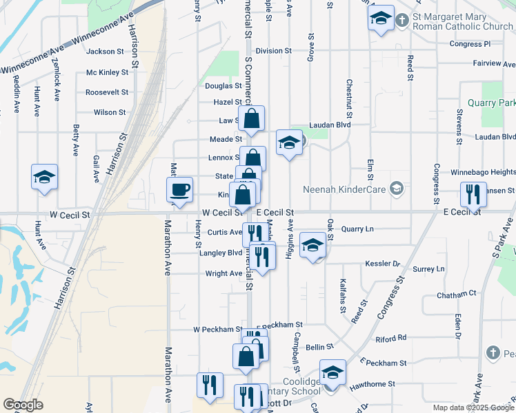 map of restaurants, bars, coffee shops, grocery stores, and more near 104 East Cecil Street in Neenah