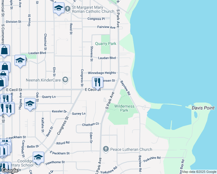 map of restaurants, bars, coffee shops, grocery stores, and more near 653 Hansen Street in Neenah