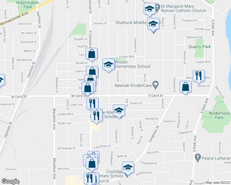 map of restaurants, bars, coffee shops, grocery stores, and more near 970 Grove Street in Neenah