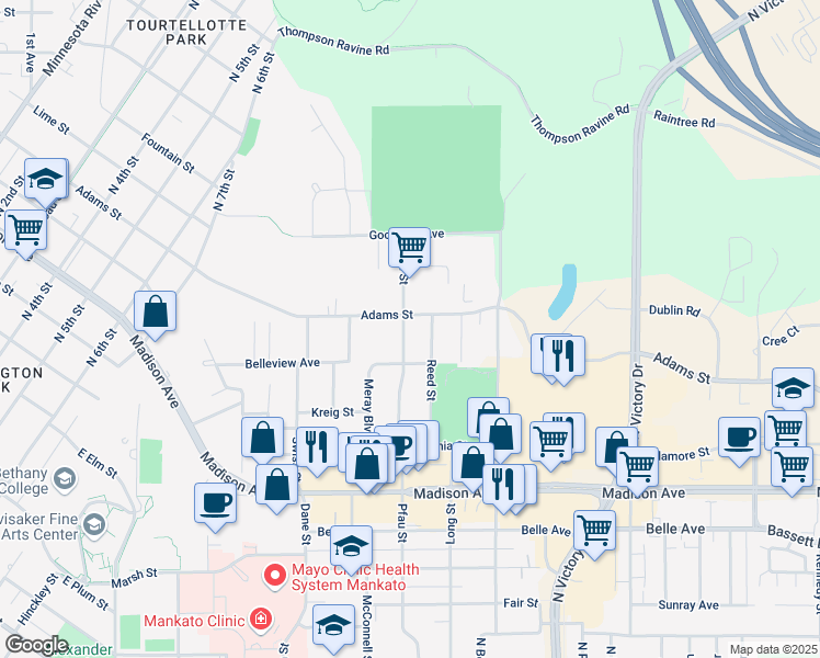 map of restaurants, bars, coffee shops, grocery stores, and more near 1005 Pfau Street in Mankato