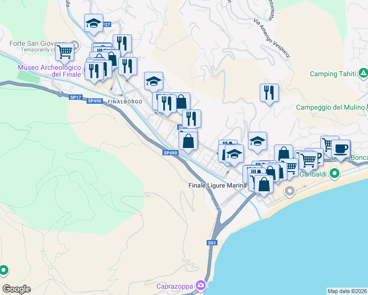 map of restaurants, bars, coffee shops, grocery stores, and more near 16 Via del Cigno in Finale Ligure