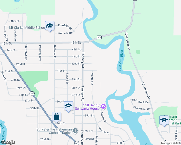 map of restaurants, bars, coffee shops, grocery stores, and more near 2116 41st Street in Two Rivers