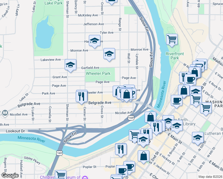 map of restaurants, bars, coffee shops, grocery stores, and more near 317 Page Avenue in North Mankato