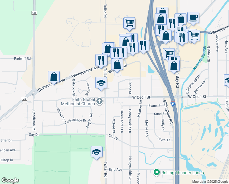 map of restaurants, bars, coffee shops, grocery stores, and more near 915 Louise Street in Neenah