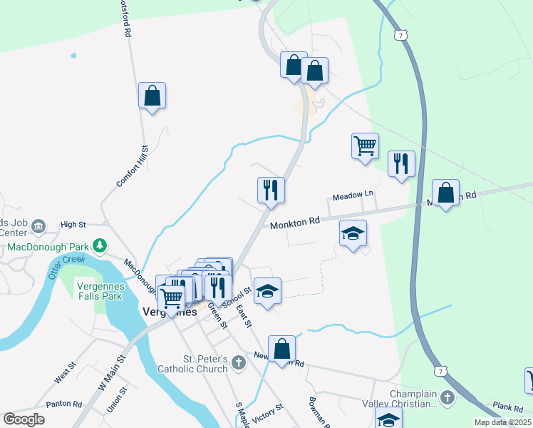 map of restaurants, bars, coffee shops, grocery stores, and more near Main Street in Vergennes