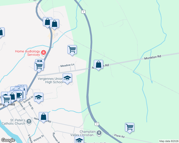 map of restaurants, bars, coffee shops, grocery stores, and more near U.S. 7 in Vergennes