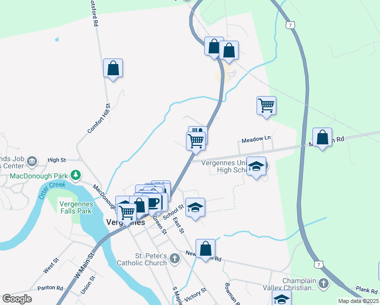 map of restaurants, bars, coffee shops, grocery stores, and more near 52 Main Street in Vergennes