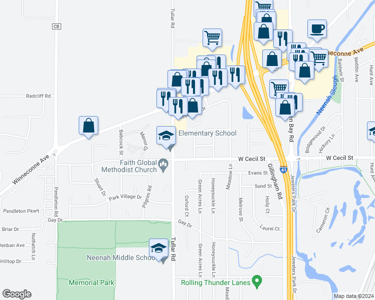 map of restaurants, bars, coffee shops, grocery stores, and more near 915 Louise Street in Neenah