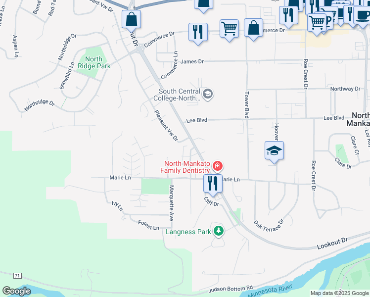 map of restaurants, bars, coffee shops, grocery stores, and more near 1562 Lookout Drive in North Mankato