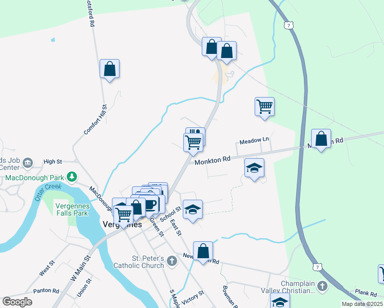 map of restaurants, bars, coffee shops, grocery stores, and more near Main Street in Vergennes