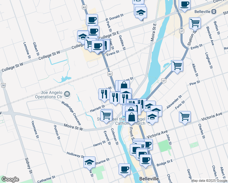 map of restaurants, bars, coffee shops, grocery stores, and more near 46 North Front Street in Belleville
