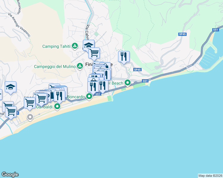 map of restaurants, bars, coffee shops, grocery stores, and more near 53 Via Santuario in Finale Ligure