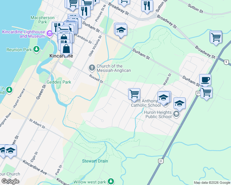map of restaurants, bars, coffee shops, grocery stores, and more near 709 McGaw Drive in Kincardine
