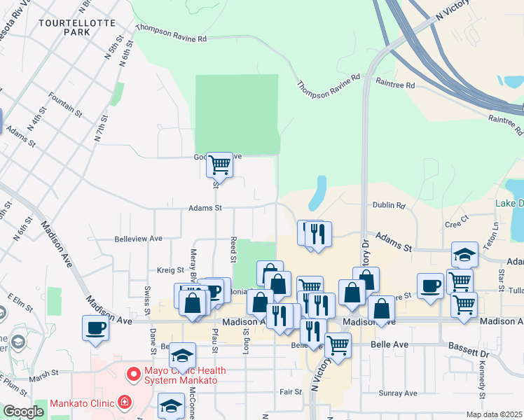 map of restaurants, bars, coffee shops, grocery stores, and more near 1355 Adams Street in Mankato